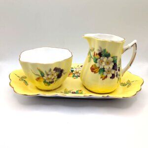 Vintage Old Royal English Bone China Sugar Bowl Creamer + Underplate Floral VGC